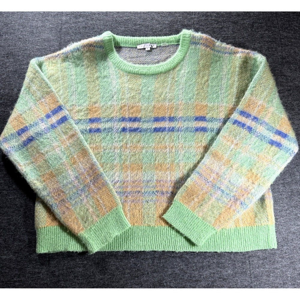 Baltic Born Sweater Womens Large Green Plaid Fuzzy Pullover Preppy Classic Cozy
